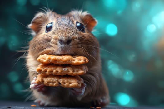 Cute hamster with cookies in its paws, adorable rodent pet with bokeh background and food