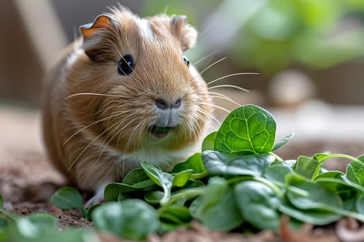 Adorable brown guinea pig eating spinach leaves with cute eyes and green vegetation around