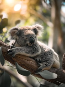 Koala sleeping on a branch of eucalyptus tree in the forest, displaying Australia wildlife and nature