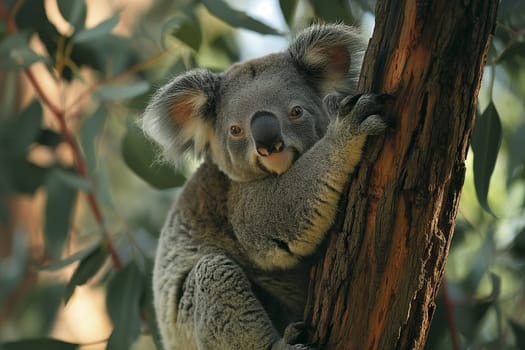 Cute koala climbing a tree in Australian wildlife, surrounded by lush eucalyptus and nature