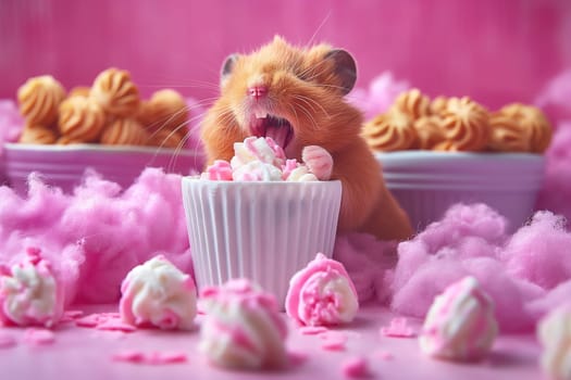 Cute hamster enjoying a sweet pink fluffy dessert with sprinkles, frosting, and cream