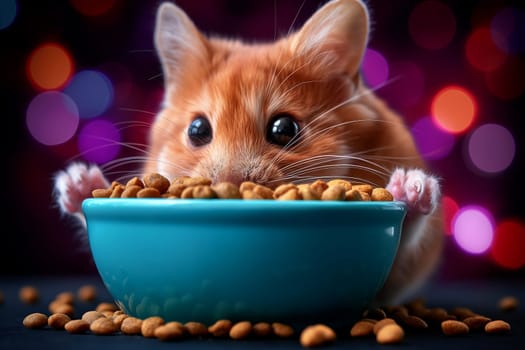 Cute hamster eating food from a blue bowl with whiskers and adorable eyes in a colorful background