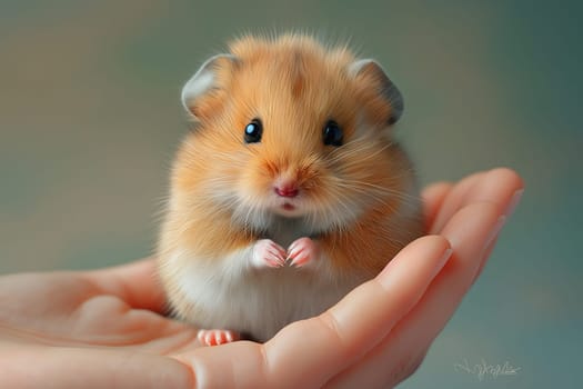 Adorable, cute, furry small pet hamster with tiny paws in hand
