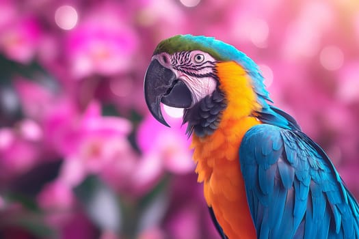 A vibrant macaw parrot showcasing its colorful feathers amidst a tropical flora background