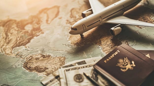 concept of preparation for travel passport airplane. selective focus. Generative AI. tours