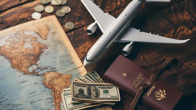 concept of preparation for travel passport airplane. selective focus. Generative AI. tours