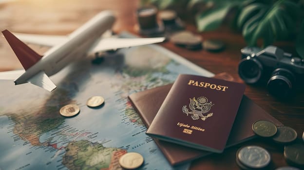 concept of preparation for travel passport airplane. selective focus. Generative AI. tours