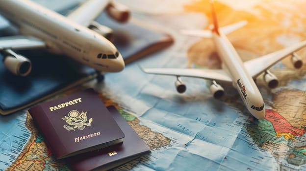 concept of preparation for travel passport airplane. selective focus. Generative AI. tours