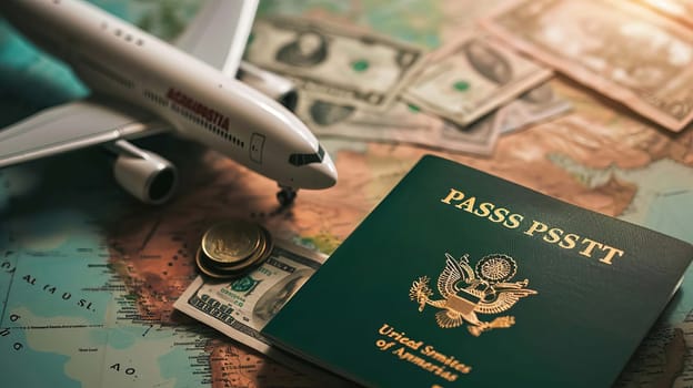 concept of preparation for travel passport airplane. selective focus. Generative AI. tours