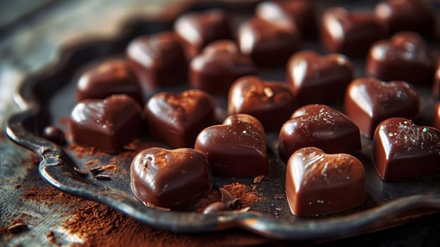 heart shaped chocolate on a tray. selective focus. Generative AI, food