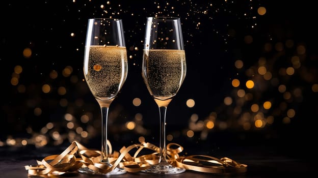 Glasses of wine on glass table with bokeh background close up. New Year, Christmas mood. Greeting card. Party and holiday celebration concept . drink Generative AI,