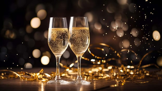 Glasses of wine on glass table with bokeh background close up. New Year, Christmas mood. Greeting card. Party and holiday celebration concept . drink Generative AI,
