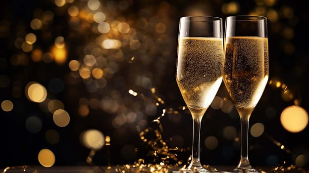 Glasses of wine on glass table with bokeh background close up. New Year, Christmas mood. Greeting card. Party and holiday celebration concept . drink Generative AI,