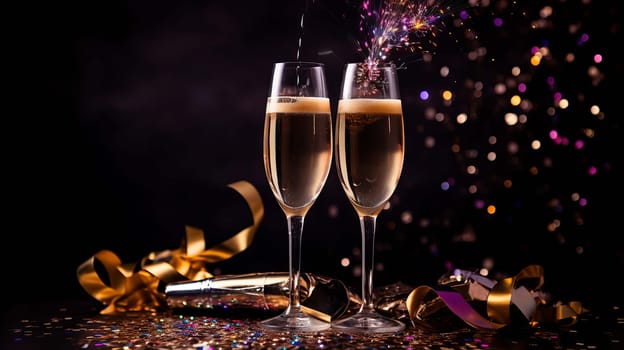 Glasses of wine on glass table with bokeh background close up. New Year, Christmas mood. Greeting card. Party and holiday celebration concept . drink Generative AI,