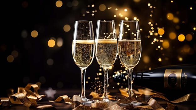 Glasses of wine on glass table with bokeh background close up. New Year, Christmas mood. Greeting card. Party and holiday celebration concept . drink Generative AI,