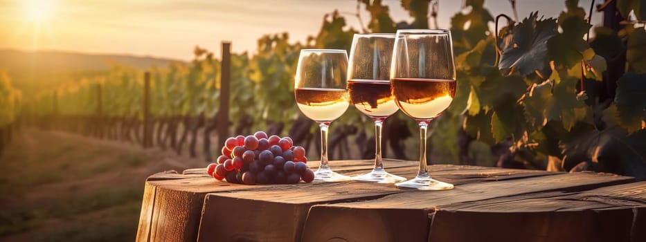 glass of wine on a wooden barrel. selective focus. food Generative AI,