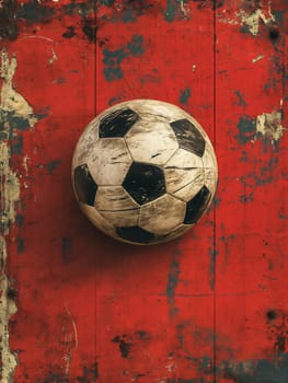 Vintage soccer ball with weathered texture on red background for sports and classic image search