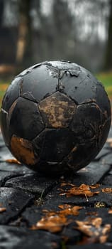 Weathered black soccer ball on wet ground surrounded by autumn leaves in an outdoor park