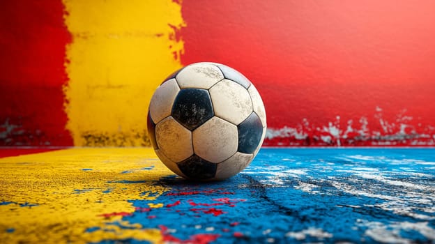 Soccer ball on a vibrant multicolored textured field leather stadium sport and colorful design