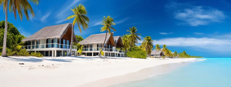 villa and palm trees on the seashore. selective focus. Generative Ai, travel