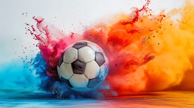 Vibrant explosion of colorful powders behind a soccer ball in motion on a stock image
