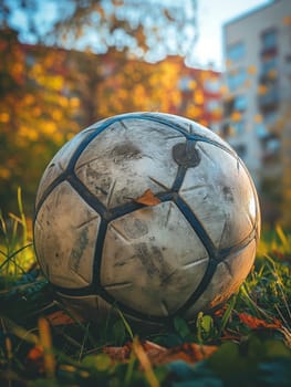Soccer ball on autumn grass in a park with weathered leaves during outdoor sport season.