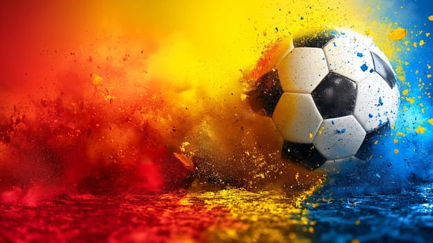 Soccer ball explosion in colorful dynamic motion with vivid action and vibrant game play