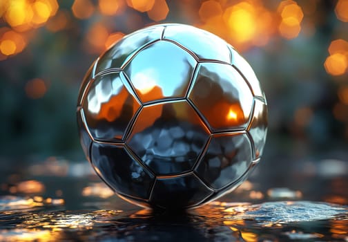 Shiny metallic soccer ball with reflections on wet surface background outdoors