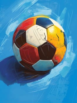 Colorful soccer ball and football illustration with vibrant blue background in a dynamic sports game