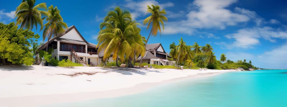 villa and palm trees on the seashore. selective focus. Generative Ai, travel