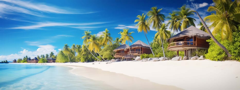 villa and palm trees on the seashore. selective focus. Generative Ai, travel