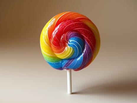 Colorful rainbow lollipop candy with swirl, a delicious and sweet treat for dessert lovers.