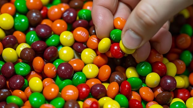 Hand selecting colorful candy assortment from a bright multicolor pile of sweets and treats