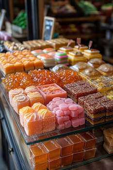 Colorful display of sweets, desserts, and candy in a market showing an assortment of tasty treats
