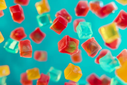 Colorful sweet jelly candies floating on a bright background, vivid dessert treat