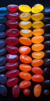 Rainbow assorted chewy colorful jellybeans, sweet vibrant dessert candies in glossy sugar coat