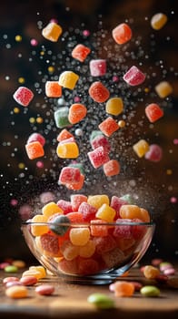 Colorful assorted gummies and candies flying into a bowl with multicolored sugary sparkles