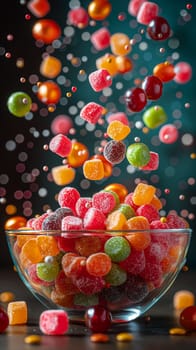 Colorful candy gummies and sweets falling into a bowl creating a delicious and vibrant scene