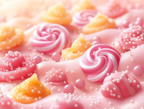 Candy pastel swirls of sweets with delicate colorful dessert elements in a pink bright sugar background