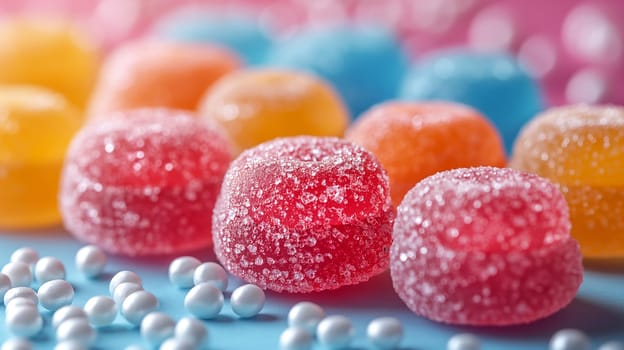 Closeup of colorful candy sweets with sugar coating, jelly treats, and bright chewy delights