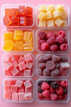 Colorful gummies, jellies, and candy alongside raspberries and blackberries in red, yellow, and pink hues