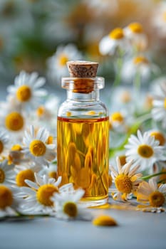 chamomile extract in a small bottle on sacking. selective focus. Generative AI, nature