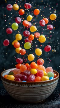 Colorful candy and sweets flying above a bowl with bright sugar droplets, assorted in vibrant colors.