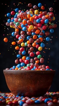 Colorful candy falling into bowl with assorted chocolate and vibrant sweets overflowing brightly