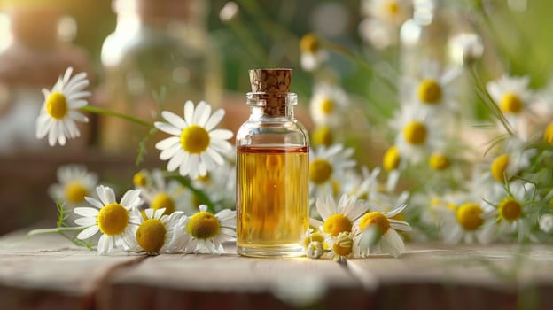 chamomile extract in a small bottle on sacking. selective focus. Generative AI, nature