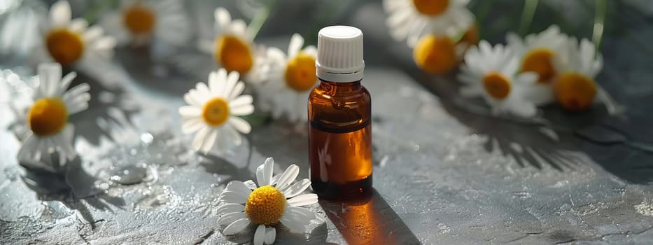 chamomile extract in a small bottle on sacking. selective focus. Generative AI, nature