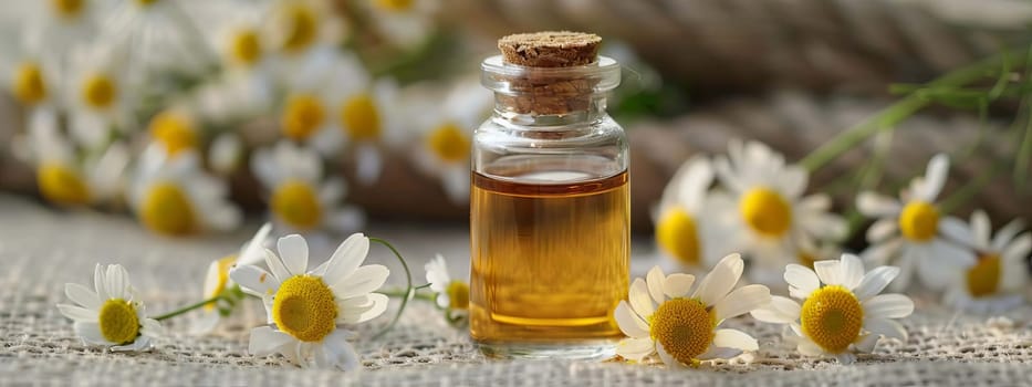 chamomile extract in a small bottle on sacking. selective focus. Generative AI, nature