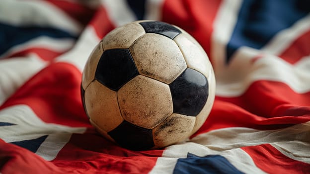 Soccer football ball on UK flag in a British sports game scene ready for competition.