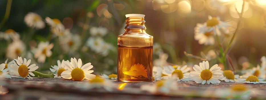 chamomile extract in a small bottle on sacking. selective focus. Generative AI, nature