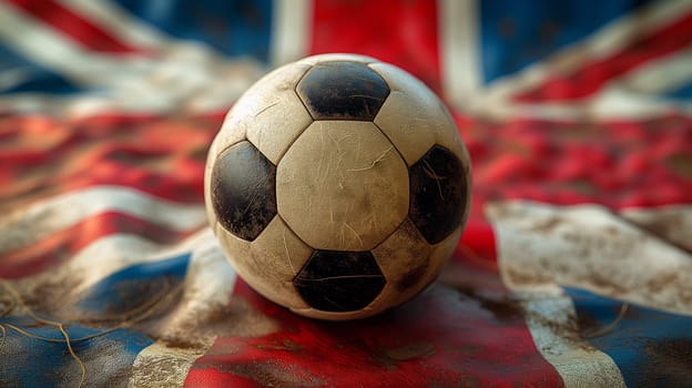 A football on a British flag captures the essence of England's soccer culture with patriotic texture